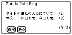 skinparam defaultFontName IPAGothic

@startuml
salt
{+
  |　|Zunda-Cafe Blog   |*|*|.
  |　| --- |*|*|.
  |　|タイトル|最近の天気について           |.| (1)
  |　|本文|昨日も雨、今日も雨…             |.| (2)
  |　| --- |*|*|.
  |　|{[確定]|[戻る]}|*|*| (3)(4)
}
@enduml